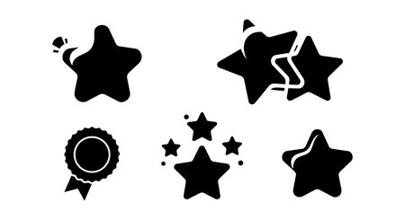 A flat vector icon set displays five black star silhouettes including badge and burst variations for ui elements branding stickers and minimal layouts vibrantのイラスト素材