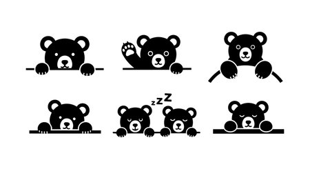 A flat vector set shows six playful bear cub icons peeking waving and sleeping for web apps branding...