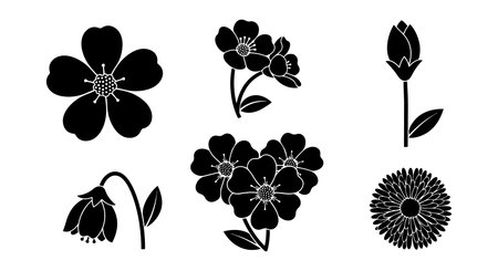 A flat design silhouette set presents six black flower icons in varied poses for branding social media and print pattern projects minimalistのイラスト素材