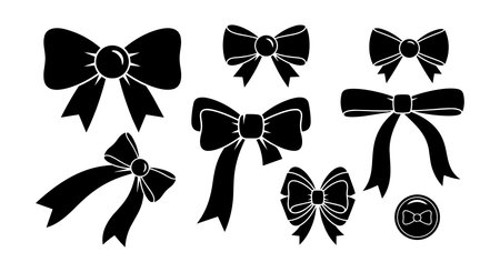 A flat design set of eight black bow silhouettes showing varied loops tails and knots for packaging labels stickers and web icons elegant decorative moodのイラスト素材
