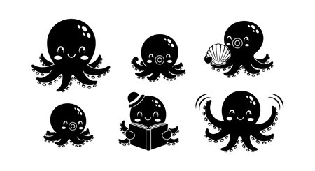 The set presents six playful octopus vectors in flat black silhouette showing smiling faces holding shell and book soft cheerfulのイラスト素材