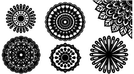 Detailed line art mandala set displays six ornamental circular motifs in silhouette style for branding packaging and decorative patterns sereneのイラスト素材