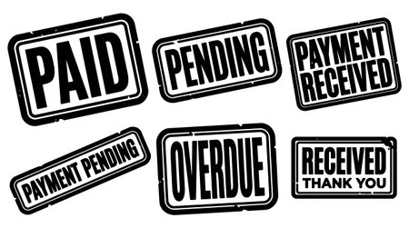 A collection of distressed rubber stamp labels showing paid pending payment received overdue and received thank you in bold typography for invoices and admin graphics vibrantのイラスト素材