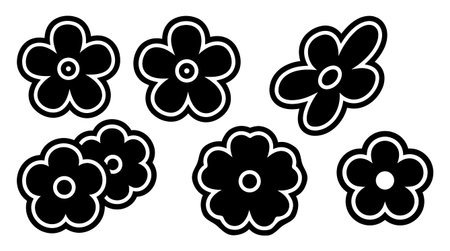 A minimalist flat vector set depicts six black flower stickers with bold outlines clustered on a white background for icons labels and craft designs playfulのイラスト素材