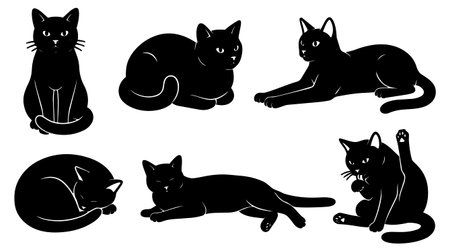A flat vector set shows six black cat silhouettes in varied poses and angles for logos stickers apparel and web icons vibrant playfulのイラスト素材