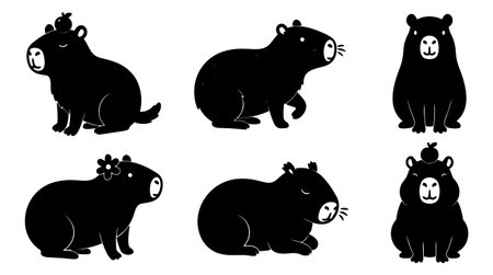 A playful capybara vector set shows six black silhouette poses including side and front angles with flower and apple accessories suited for stickers icons and kids designs cheerfulのイラスト素材