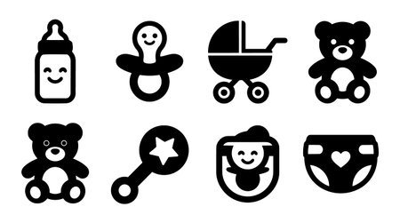 Flat design icon set depicts baby items including bottle pacifier stroller teddy rattle and bib for app interface branding print and nursery signage playfulのイラスト素材