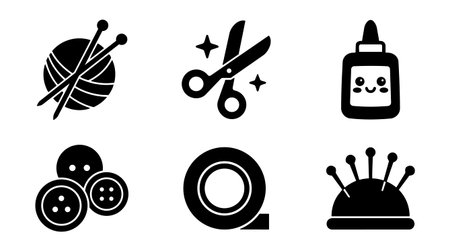 A minimalist set of black sewing and craft tool icons including yarn scissors glue buttons tape and...
