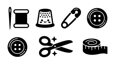 A flat design sewing icon set displays needle spool thimble safety pin buttons scissors and measuring tape in bold black silhouettes for web and print use practicalのイラスト素材