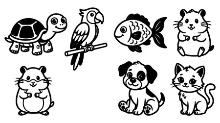Playful line art vector displays eight cute animal outlines for stickers social media icons and childrens educational materials with cheerful moodのイラスト素材