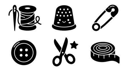 Minimal flat vector icon set displays sewing tools including spool thimble safety pin button scissors and measuring tape for web branding print and craft packaging modernのイラスト素材