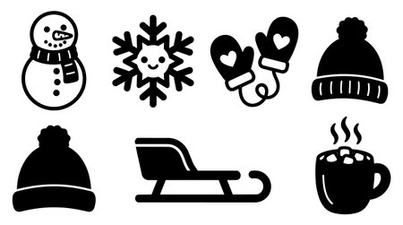 A minimalist silhouette icon set shows winter symbols including a snowman snowflake mittens hat sled and steaming mug for seasonal design projects calmのイラスト素材