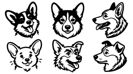 A set of six corgi head vectors shows different angles expressions and playful profiles ideal for stickers logos and pet branding cheerfulのイラスト素材