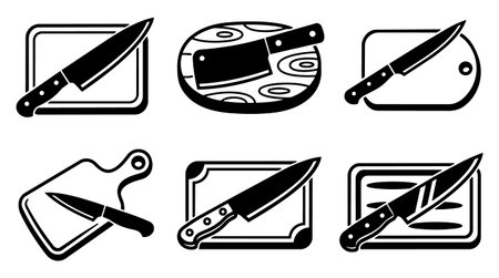 A monochrome flat vector set displays knives on chopping boards in top view useful for food branding packaging and kitchen editorial vibrantのイラスト素材