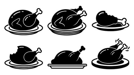 A minimalist monochrome vector set depicting six roasted turkey silhouettes on plates in varied angles for thanksgiving menu icons and food packaging vibrantのイラスト素材