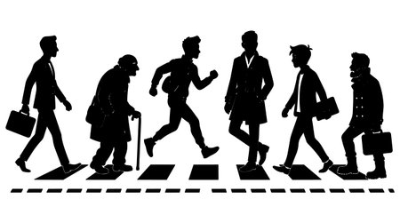 A flat silhouette vector depicts varied business figures crossing a zebra crosswalk in high contrast...