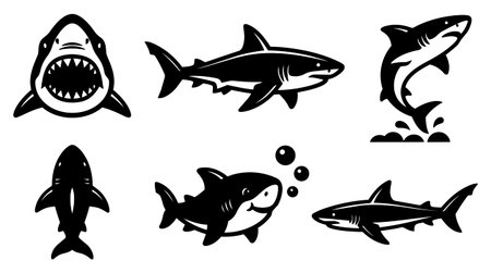 A minimalist silhouette icon set depicting six shark poses including jumping biting and frontal views for logos badges signage and marine themed designs vibrant.のイラスト素材