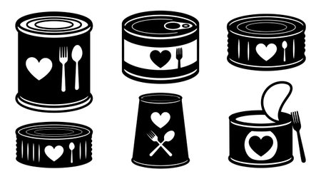 A minimalist flat vector set shows six canned food icons with heart and cutlery motifs used for packaging labels social media and charity materials vibrantのイラスト素材