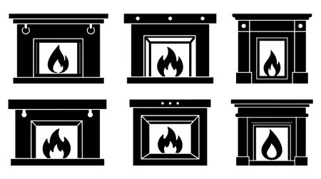 A flat minimalist icon set displays six black fireplace silhouettes with varied mantels and flame shapes suggesting home heating symbols for web icons and editorial graphics cozyのイラスト素材