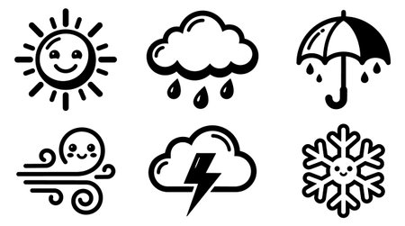 A playful hand drawn weather icon set shows smiling sun rain cloud umbrella wind lightning and...