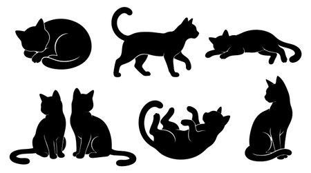A set of black cat silhouette vectors showing sleeping walking stretching playing and sitting poses for icons logos and pattern design playfulのイラスト素材