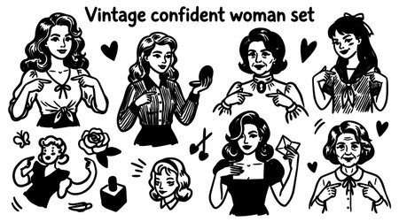A retro 1950s cartoon style vector set depicts confident women pointing smiling holding letters and makeup elements for branding stickers editorial use vibrantのイラスト素材