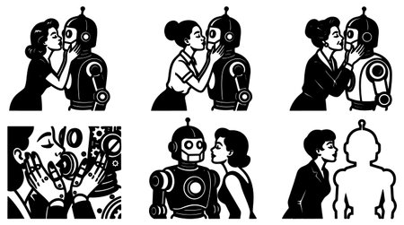 A tattoo flash style vector displays women kissing retro robots in bold black silhouettes for stickers apparel logos and editorial art nostalgic playfulのイラスト素材