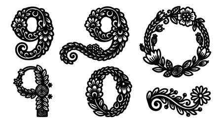 A folk art black silhouette vector displays ornate floral nines wreaths and decorative swirls for branding packaging and craft projects with vintage ornamental moodのイラスト素材