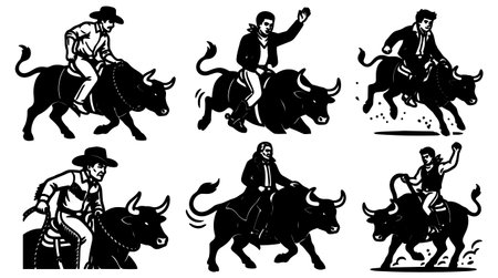 A vintage woodcut vector displays six cowboys riding bulls in varied poses for logos posters and apparel projects with bold contrast and energetic gritty moodのイラスト素材