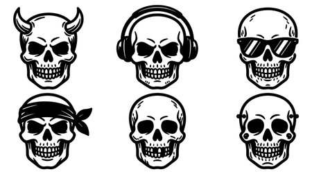 A tattoo flash vector set depicting six bold skull variations with accessories and expressive linework suited for apparel branding stickers and posters edgyのイラスト素材