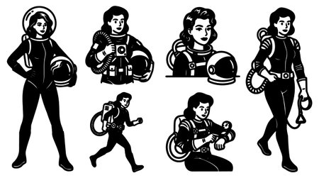Bold retro cartoon vector shows a female astronaut holding a helmet and checking a wrist gauge used for branding social media and apparel vibrantのイラスト素材