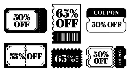 A monochrome vector sheet displays assorted perforated discount coupons with bold percentage labels...