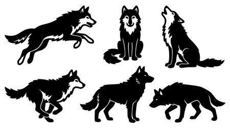 A set of bold black wolf silhouettes displays different poses including howling running and sitting...