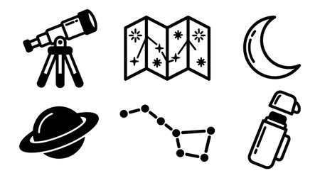 A line art icon set displays telescope moon planet star map constellation and thermos in clean black outline for educational and web useのイラスト素材