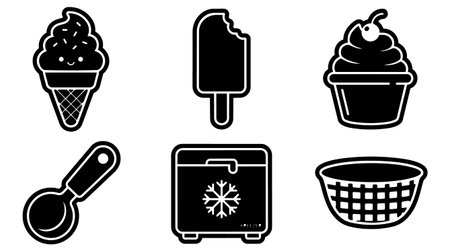 A minimalist outline icon set depicting ice cream cone popsicle cupcake scoop freezer and bowl in black and white vector format used for menus branding and labels playfulのイラスト素材