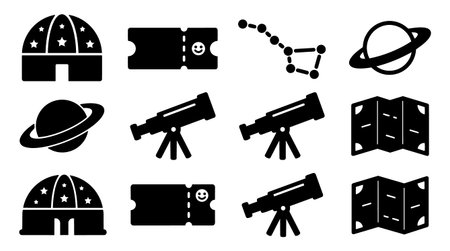 A flat black vector icon set depicts telescopes planets planetarium domes tickets maps and a constellation line for web app icons print layouts and educational materials crispのイラスト素材