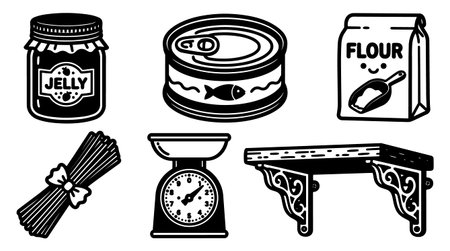 A flat vector set depicts pantry staples including jelly jar tuna can flour bag spaghetti bundle scale and decorative wooden shelf for packaging or label design vibrantのイラスト素材