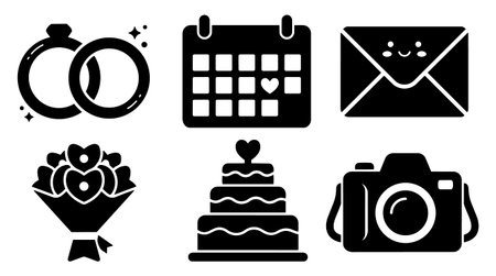 A minimal flat design icon set depicts wedding rings calendar heart envelope bouquet cake and camera for stationery web and branding projects in a clean monochrome styleのイラスト素材