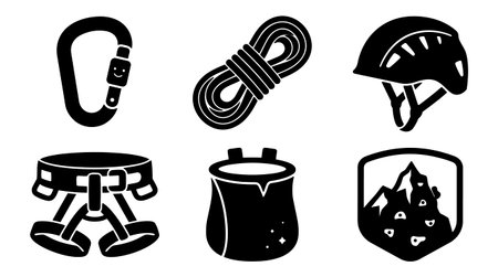 A minimalist flat vector set depicts essential climbing equipment in bold silhouette style for web...
