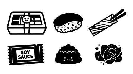 A minimalist vector set displays bento rice sushi soy chopsticks and smiling food icons for menu packaging social posts playfulのイラスト素材