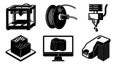 A monochrome flat vector icon set depicting 3d printing workflow elements like printer spool nozzle...