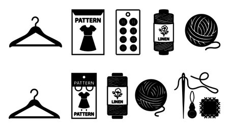 A flat vector set displays sewing and garment making icons including hangers patterns buttons linen thread yarn needle and stitch tools for branding and craft projects vibrantのイラスト素材