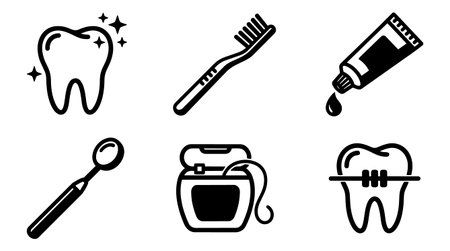 A flat line art icon set displays six dental symbols including tooth toothbrush toothpaste mirror floss and braces for dental branding print and web vibrantのイラスト素材