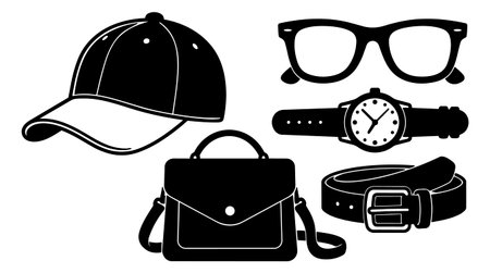 A flat minimalist vector set displays everyday mens accessories including cap glasses watch belt and satchel for branding mockups editorial layoutsのイラスト素材
