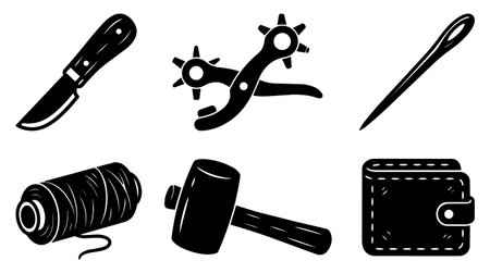 A flat vector display shows leathercraft tools including knife punch needle spool mallet and stitched wallet in bold silhouette style for branding and icon design vibrant.のイラスト素材