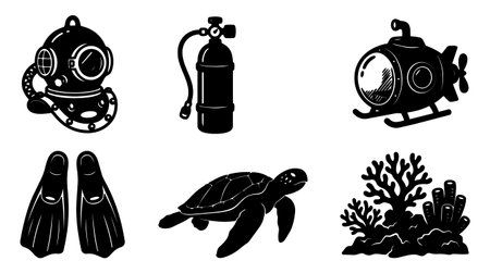 A flat nautical silhouette vector collection depicts six black diving icons including helmet tank fins submarine turtle and coral for logos stickers and educational graphics boldのイラスト素材