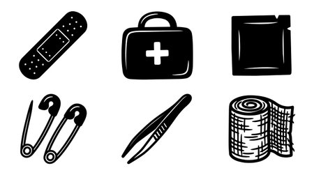 A line art icon set displays six hand drawn medical supplies including bandage tweezers safety pins roll gauze and first aid kit for labels packaging and health apps minimalistのイラスト素材