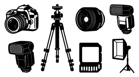 A stencil vector icon set displays camera lens tripod flashes memory card and studio light elements for web graphics branding and mockups boldのイラスト素材