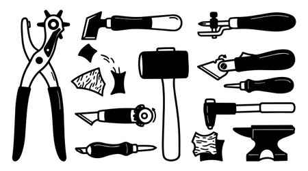 A detailed black and white vector displays leathercraft tools and scraps in bold flat style for icons branding print and workshop diagrams minimalistのイラスト素材