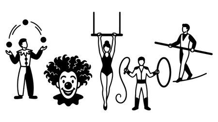 A flat design vector shows five circus performers including a juggler a clown a trapeze acrobat a hoop artist and a tightrope walker playfulのイラスト素材